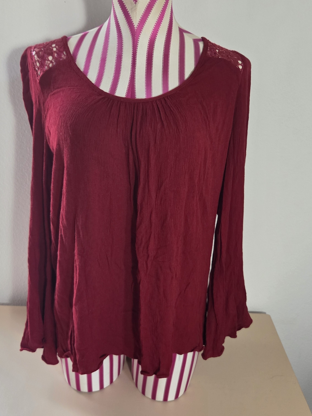 Altar'd State Maroon Boho Long Sleeve Blouse Crochet Lace Shoulder Size L